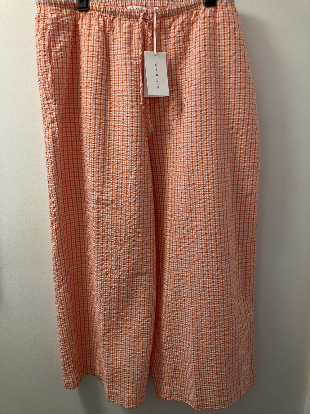 NWT Tommy Hilfiger Seersucker Plaid Wide Leg Pants Pink Orange XL